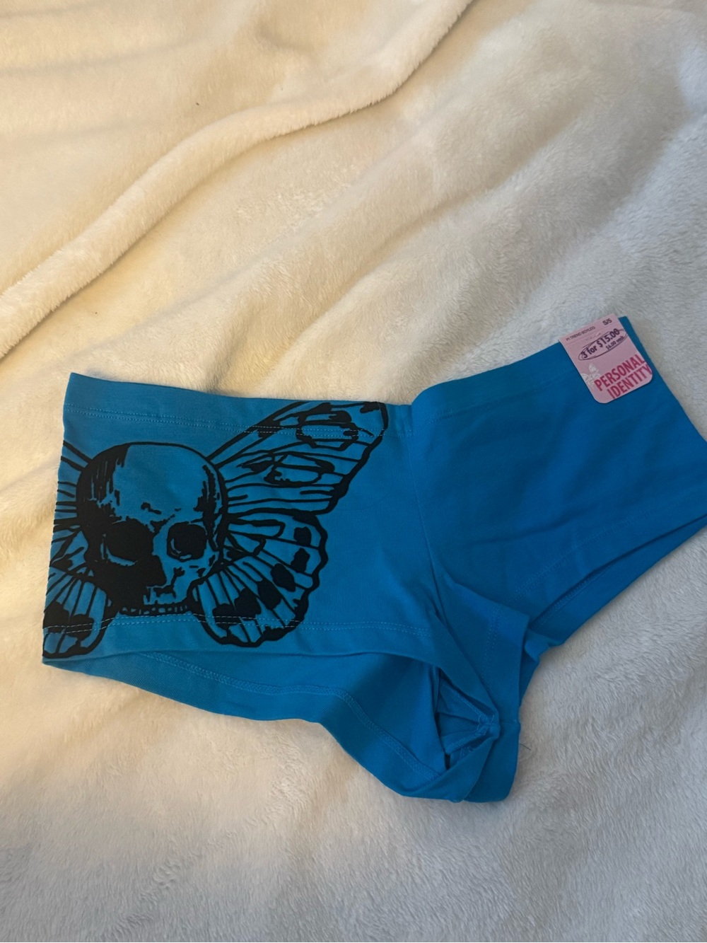 Women's Blue Boyshorts with Black Skull & Butterfly Graphic